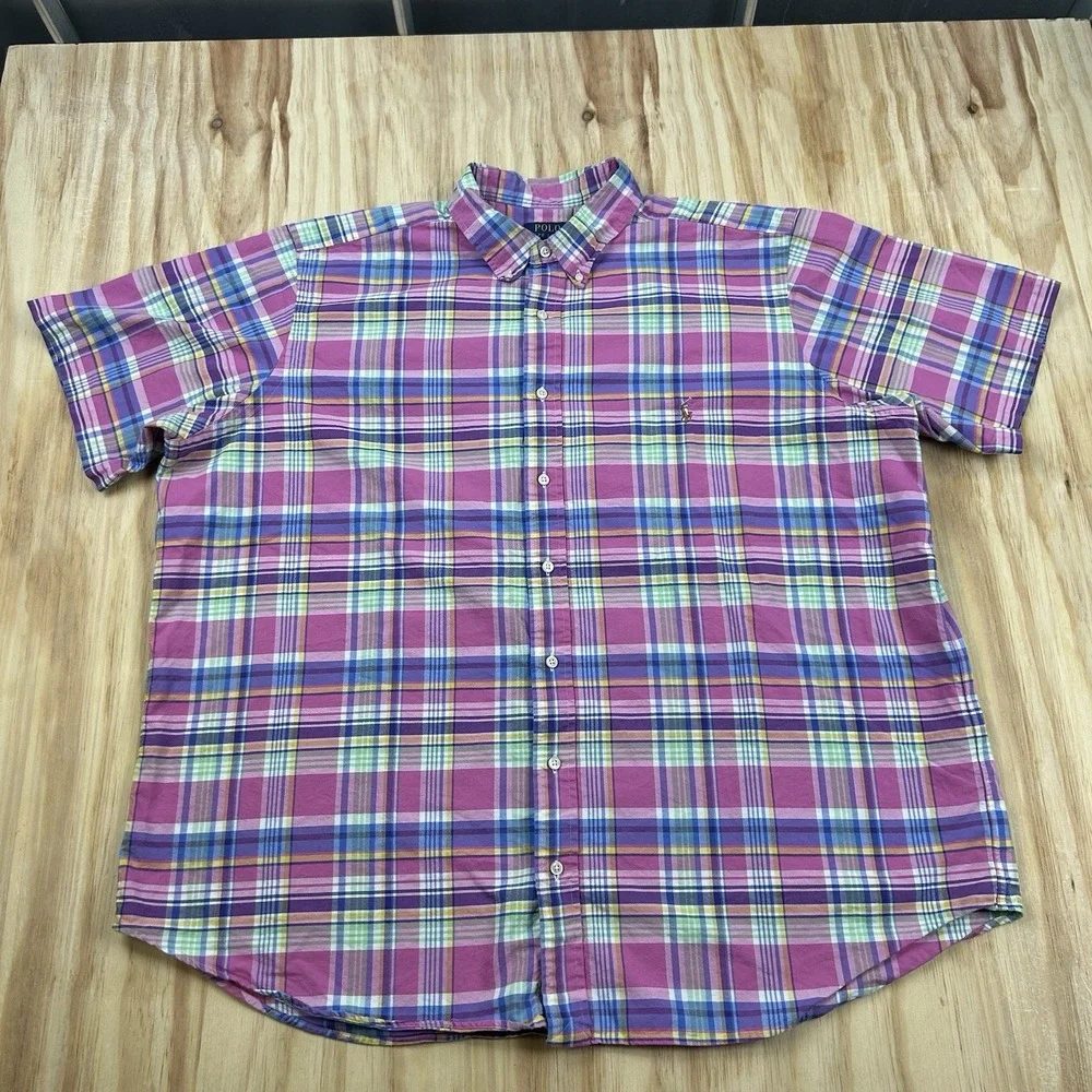 Polo Ralph Lauren Men's 2XB Pink Plaid Button Shirt Short Sleeve Colorful